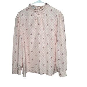 Vintage Russ High Neck Pink Floral Button Back Blouse Size 14 USA Made